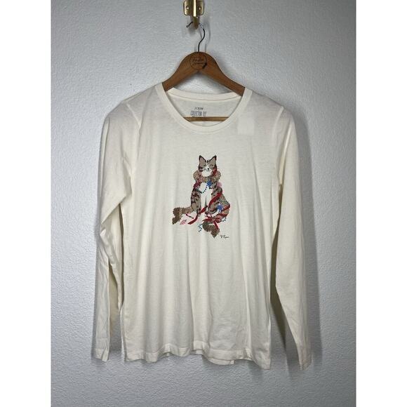 J. Crew Factory Womens Holiday Collector Tee Small Cat Long Sleeve Top - Picture 1 of 5